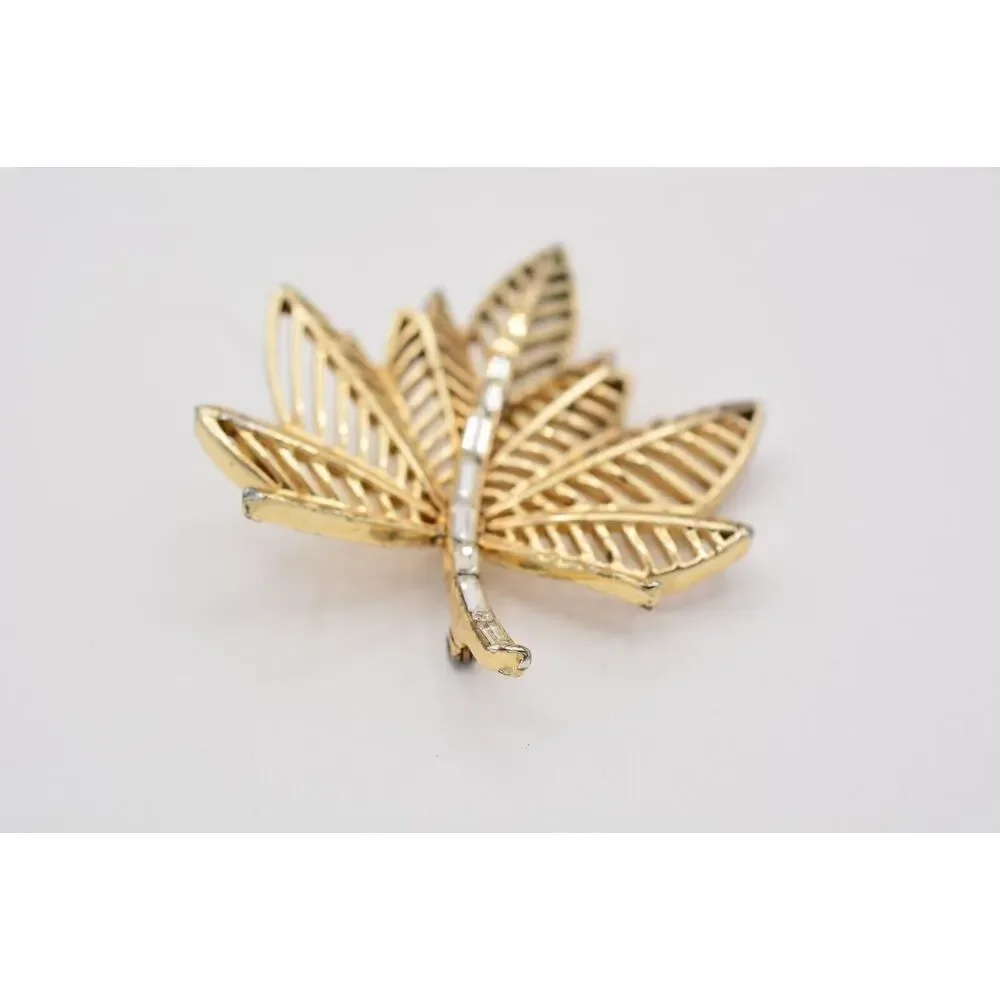 Vintage Crystal Leaf Pin Brooch Baguette Rhinestone Gold Tone Filigree 70s BinAT